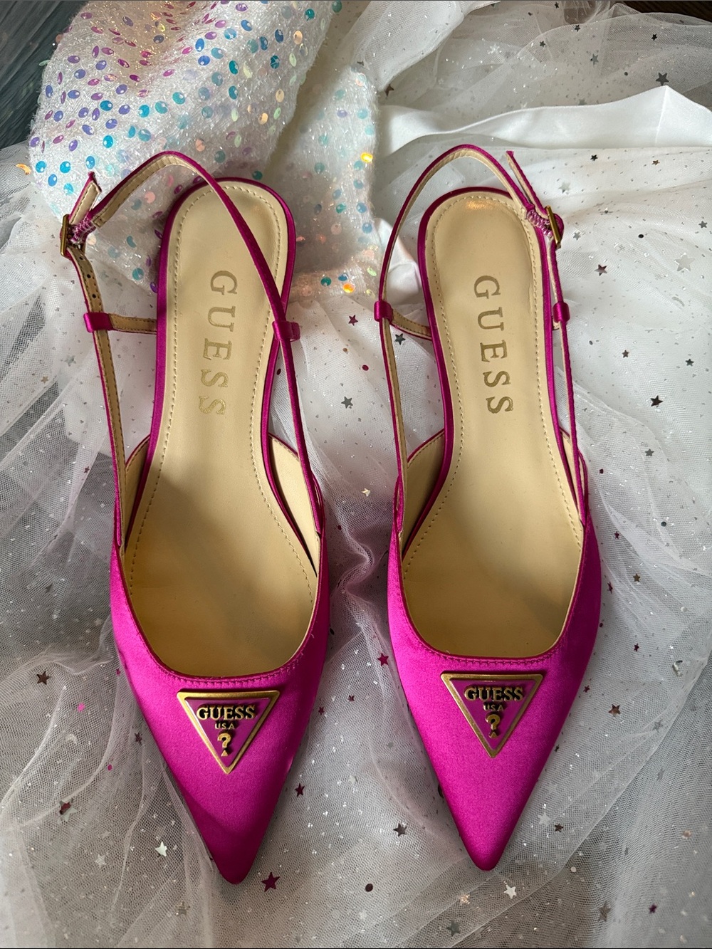 GUESS Hot Pink Pointed Slingback Heels with Logo Triangle